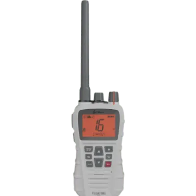Cobra BlueBound 350 Color Blanco / Radio VHF Marina Portátil Flotante / 215 Canales / Espaciado 25 kHz / IPX7 Sumergible / Potencia 1-3-6 W / NOAA / Tri-Watch / Batería Litio Recargable / USB-C / Cargador Dock