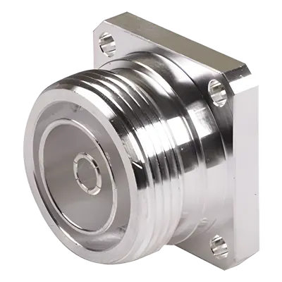 Conector DIN 7-16 Hembra / Flange 4 Hoyos Panel / Copa Soldable / Cuerpo Bronce-Plata / Dieléctrico Teflón