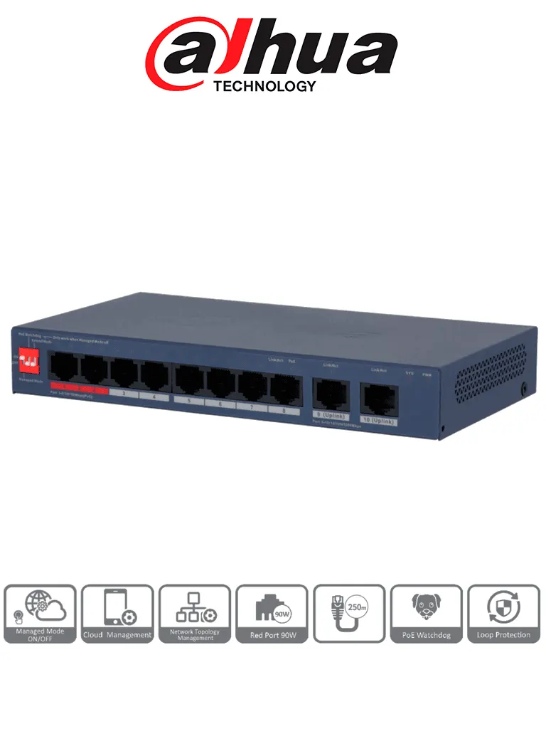 Switch PoE Dahua DH-CS4010-8ET2GT-110 con 8 puertos PoE