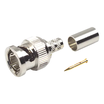 Conector BNC Macho / 75 Ohm / Anillo Plegable / Engarzado / Níquel-Oro-Delrin / RG-59/U