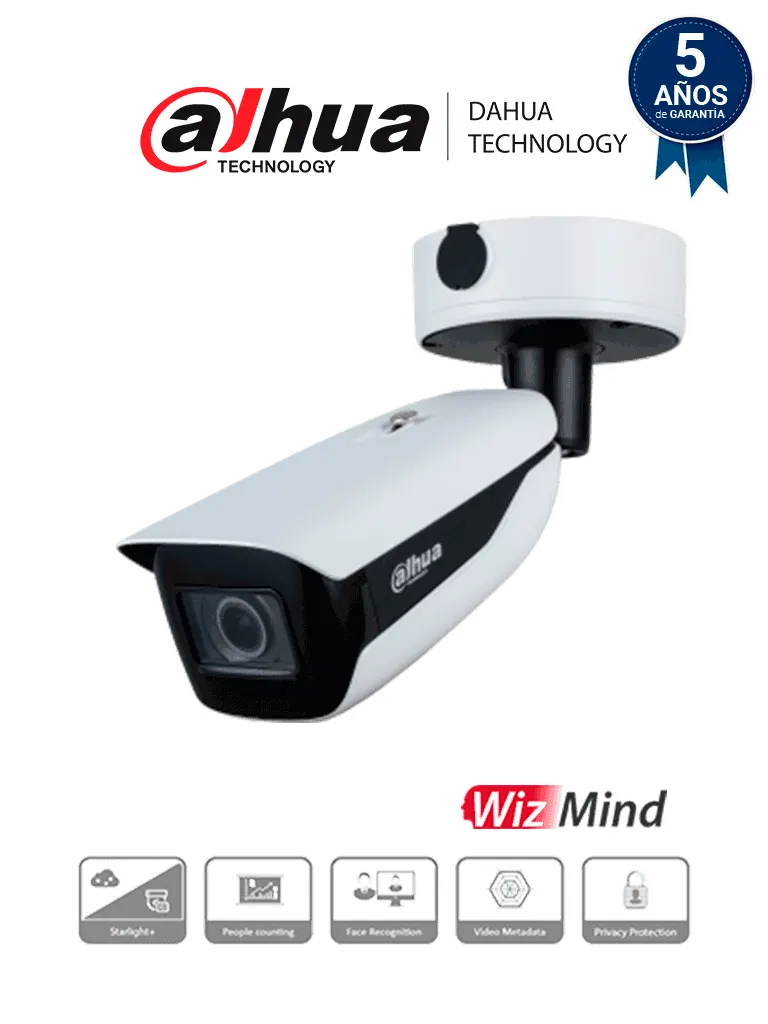 DAHUA IPC-HFW7842H-Z-X  Cámara IP Bullet WizMind 8 MP/ LED IR 60m/Salidas máx.8 MP (3840 × 2160) a 50/60 fps/ Reconocimiento facial/ ANPR/ PPE/ Conteo de personas/ Metadatos/ Parking Space/ E&S de Alarma/Audio/Ranura MicroSD/ PoE+/ePoE/IP67/IK10