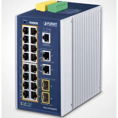 Switch industrial PLANET IGS-20160HPT con 16 puertos PoE+ Gigabit