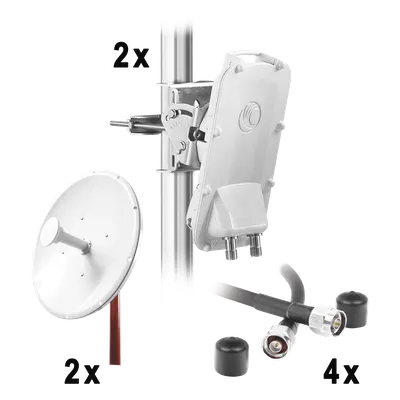 Enlace Backhaul completo de alta capacidad, incluye: 2x PTP550CE, 2x NPTR3 (37 dBi), 4x Jumpers