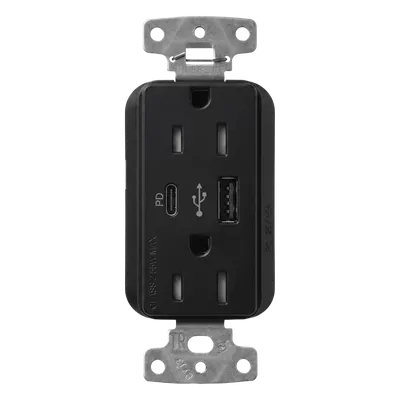 Receptáculo con USB / 15 A 125 V~ / Power Delivery 55 W / USB-A y USB-C / Tamper Resistant / Acabado Satinado Midnight