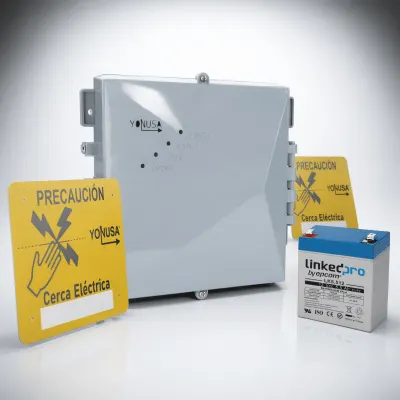 Energizador perimetral YONUSA SYSNGV2-KIT de 12,000 V con respaldo