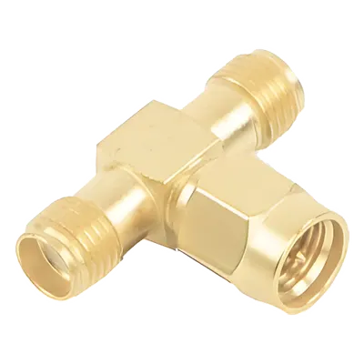 Adaptador RF en T / SMA Macho a Doble SMA Hembra / Recubrimiento de Oro / Aislante de Teflón