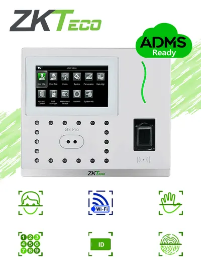 ZKTECO G3PROWIFI - Control de Acceso y Asistencia Facial y Palma / 12000 Rostros / 20000 Huellas BIO ID / 20000 Tarjetas  ID / 6000 Palmas / Green Label / WiFi