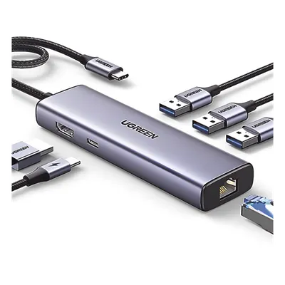 Hub USB-C 6 en 1 / 3 Puertos USB-A 3.0 (5 Gbps) / HDMI 4K@30Hz / PD 100W / Gigabit Ethernet / Aluminio