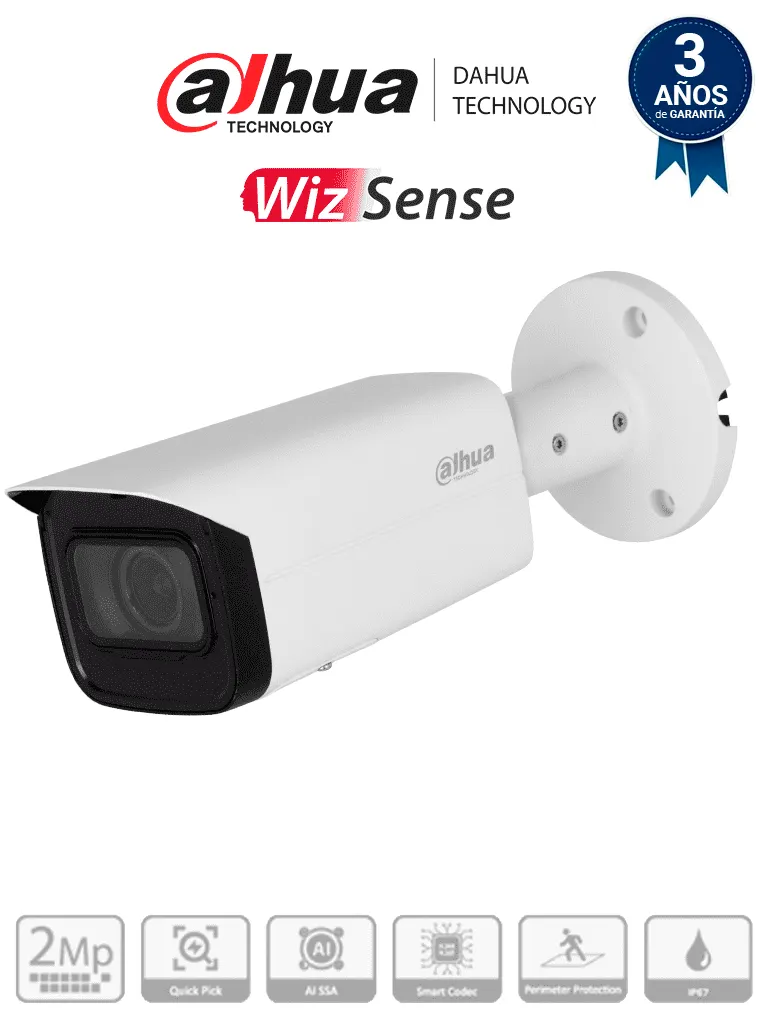 Cámara IP bullet Dahua DH-IPC-HFW3241T-ZAS-S2 de 2 MP con lente motorizado
