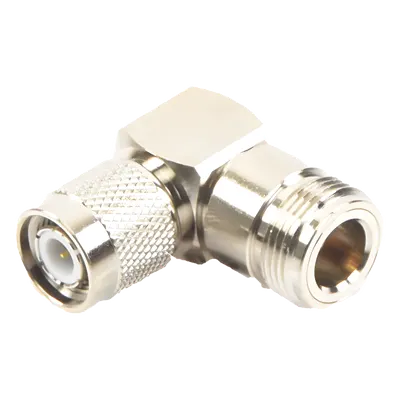 Adaptador Coaxial / Ángulo Recto / TNC Macho a N Hembra / Cuerpo Bronce Niquelado / Contacto Oro 24K / Aislante Teflón