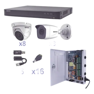 Kit TurboHD / DVR 16 Canales / 16 Cámaras 1080p / 8 Bala y 8 Eyeball / Lente 2.8 mm / IR 20 m (65.6 ft) / Fuente de Poder 18 Canales / Transceptores UTP