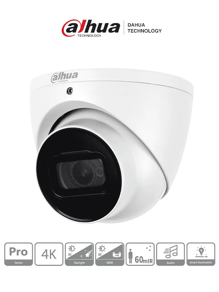 DAHUA HDW2802T-A -Cámara Domo EyeBall 4K Starlight de 8MP, lente de 2.8 mm, IR de 50m, WDR real 120 dB, IP67. Ideal para vigilancia en alta resolución con excelente rendimiento en condiciones de poca luz y protección robusta contra el clima