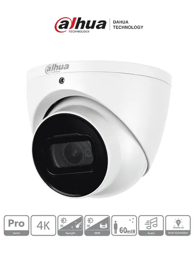DAHUA HDW2802T-A -Cámara Domo EyeBall 4K Starlight de 8MP, lente de 2.8 mm, IR de 50m, WDR real 120 dB, IP67. Ideal para vigilancia en alta resolución con excelente rendimiento en condiciones de poca luz y protección robusta contra el clima