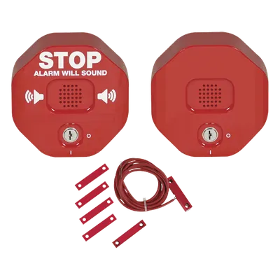 Alarma de Puerta Multifunción / Sirena 95/105 dB / Bocina Remota / Puertas Dobles / Uso Interior / Señal de Alto Visible / Programable 30 seg, 3 min o Indefinido