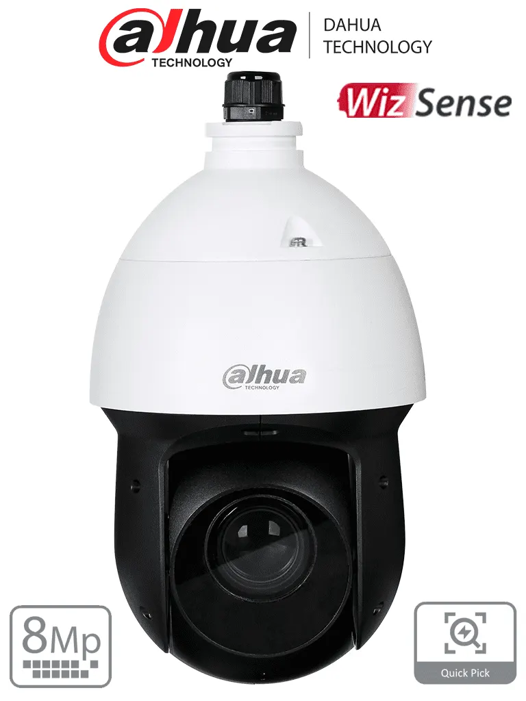 DAHUA SD49825GB-HNR - Cámara IP PTZ de 8 MP / WizSense/ 25x de Zoom óptico/ IR de 100 m/ H.265+/ WDR Real de 120 dB/ Protección perimetral/ Detección de rostros / SMD 4.0/ Ranura para MicroSD/ IP66/ E&S de Alarma y Audio/