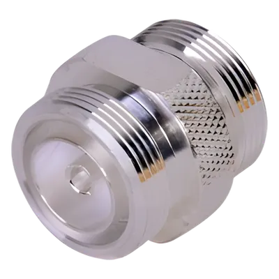 Adaptador Barril / DIN 7-16 Hembra a Hembra / Cuerpo Bronce Plateado / Aislante Teflón / Montaje en Línea