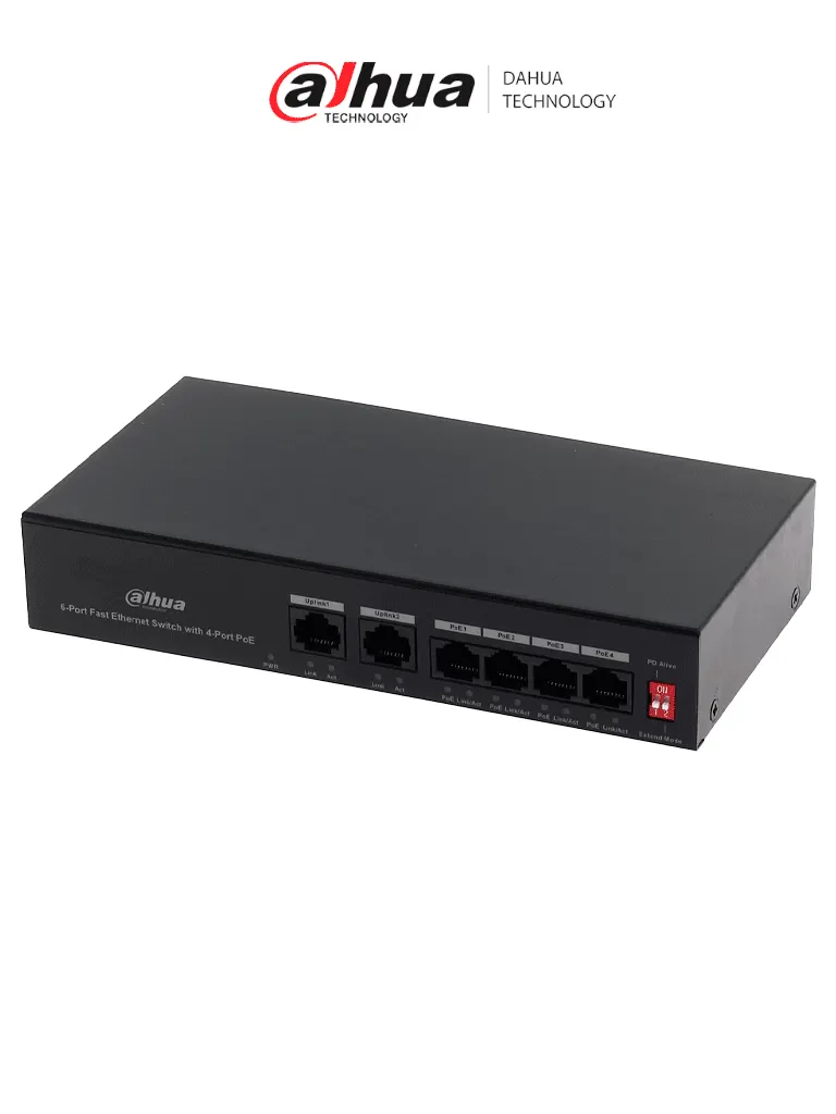 DAHUA PFS3006-4ET-36 - Switch PoE de 6 Puertos Fast Ethernet/4 Puertos PoE 10/100/ 2 Puertos uplink 10/100/ 36 Watts Totales/ Switching 1.2 Gbps/ Tasa de Reenvio de Paquetes .89 Mbps/ con Protección de Descargas