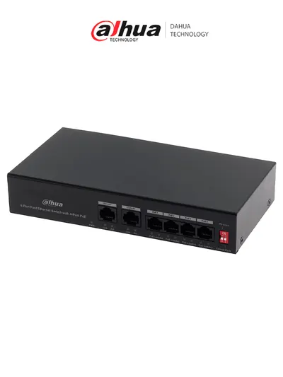 DAHUA PFS3006-4ET-36 - Switch PoE de 6 Puertos Fast Ethernet/4 Puertos PoE 10/100/ 2 Puertos uplink 10/100/ 36 Watts Totales/ Switching 1.2 Gbps/ Tasa de Reenvio de Paquetes .89 Mbps/ con Protección de Descargas