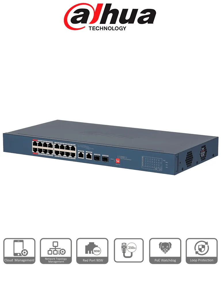 Switch PoE Dahua DH-CS4218-16ET-135 con 16 puertos PoE y gestión en la nube