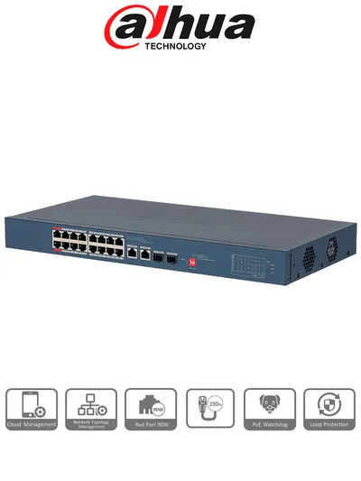 Switch PoE Dahua DH-CS4218-16ET-135 con 16 puertos PoE y gestión en la nube