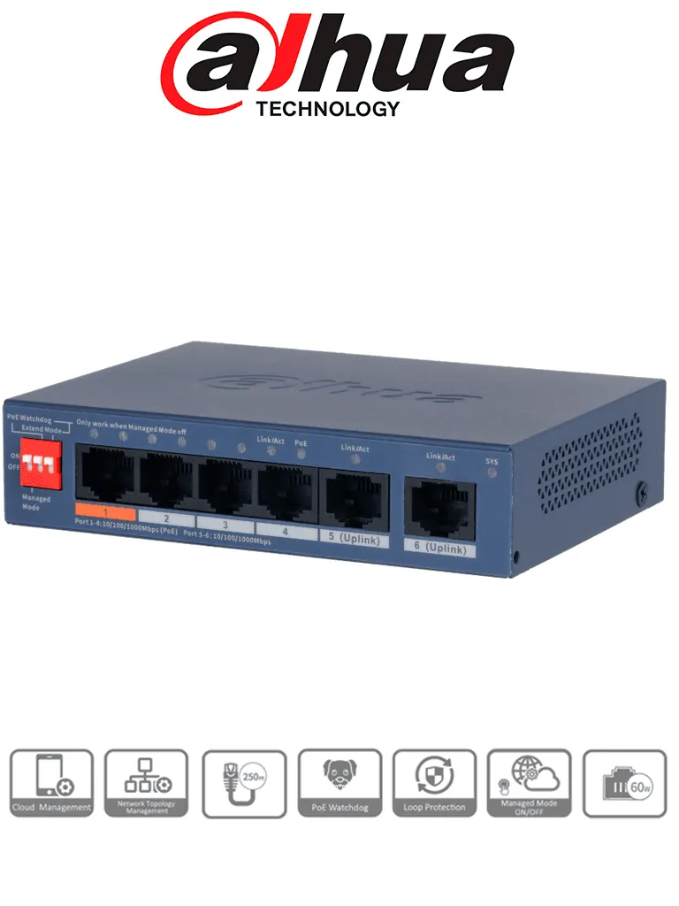Switch PoE Dahua DH-CS4006-4GT-60 con 4 puertos PoE Gigabit
