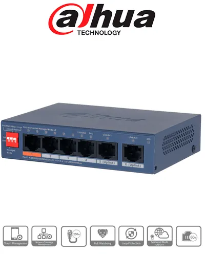 Switch PoE Dahua DH-CS4006-4GT-60 con 4 puertos PoE Gigabit