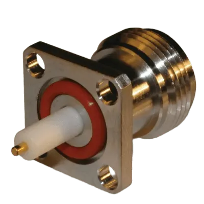 Conector RF / N Hembra / Soldable / Chasis 4 perforaciones / 18 mm / Bronce plateado / Contacto oro