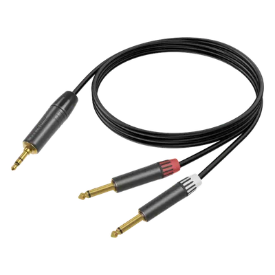 Cable de Audio Profesional / Plug 3.5 mm Estéreo a 2 Plugs 6.35 mm (1/4 in) Mono / Longitud 5 m (16.4 ft) / Conectores Chapados en Oro / Carcasa Negra