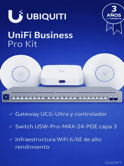 UBIQUITI UniFi Business Pro Kit - Solución empresarial que integra UCG-Ultra como gateway y controlador, switch USW-PRO-MAX-24-POE capa 3 con PoE++ y 2.5G, WiFi 6/6E con U6-PRO y U6-ENTERPRISE, ofreciendo alto desempeño, seguridad y escalabilidad.
