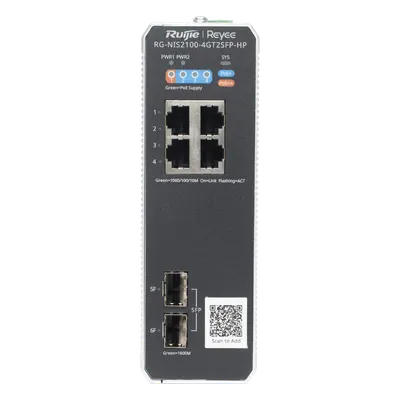 Switch industrial PoE+ RUIJIE RG-NIS2100-4GT2SFP-HP con 2 uplinks SFP