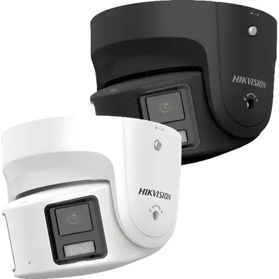 Cámara Turret IP Panorámica / 8 Megapixel / Dual Lente 4 mm / 180° / ColorVu 24/7 / Luz Blanca 30 m (98.4 ft) / WDR 130 dB / AcuSense / Alarma de Luz y Audio / IP67 / PoE