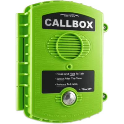 Callbox Inalámbrico UHF / Frecuencia 450-470 MHz / Gabinete IP57 Policarbonato / Alimentación Baterías D o Externa / Antena Interna Ajustable / Botón PTT Antivandálico