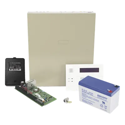 Kit de Panel de Alarma / 48 Zonas / 3 Particiones / Teclado Alfanumérico con Receptor Inalámbrico / Batería de Respaldo 12V 9Ah / Gabinete Metálico