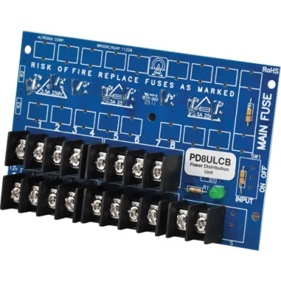 Distribuidor de Energía / 8 Salidas Clase 2 / PTC 2A Auto-Rearmable / Entrada Dual 12-24VDC o 24-28VAC / Certificaciones UL294 UL603 UL1481