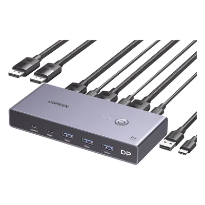 Conmutador KVM DisplayPort / 8K@60Hz / HDR / 2×1 DP 1.4 / 4 Puertos USB 3.0 / Carcasa Aluminio