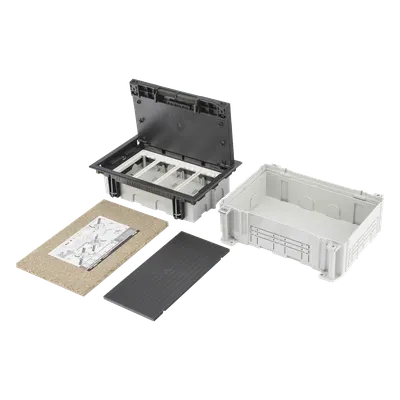 Caja de Pavimento / 4 Módulos / Profundidad Ajustable 70-100 mm (2.76-3.94 ft) / Carga 1300 kg / Resistencia 850°C / Incluye Cubeta y Embellecedor